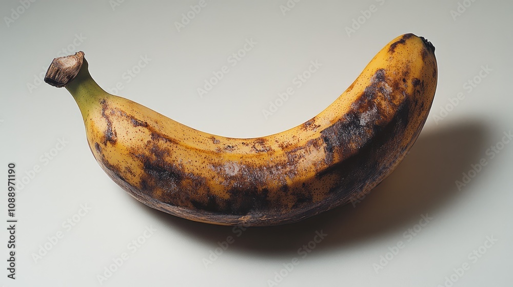 Overripe banana with brown spots on a white background. Overripe banana with brown spots on a white background.