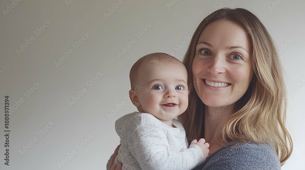 A joyful portrait of a happy mother holding her cute little baby against a white background. A joyful portrait of a happy mother holding her cute little baby against a white background.