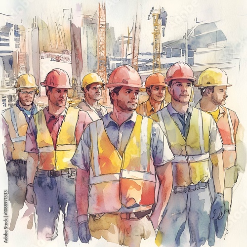 goup of workers in watercolor style, standing together in a workplace setting.  photo