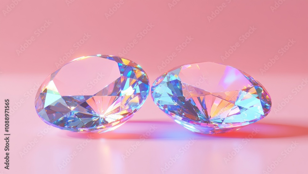 Two sparkling diamonds reflecting light on a soft pink background. Two sparkling diamonds reflecting light on a soft pink background.