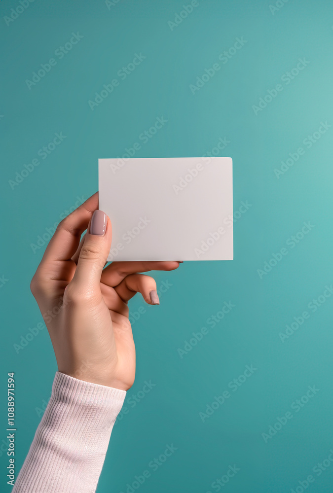 woman’s hand holding a blank white card on a blue background