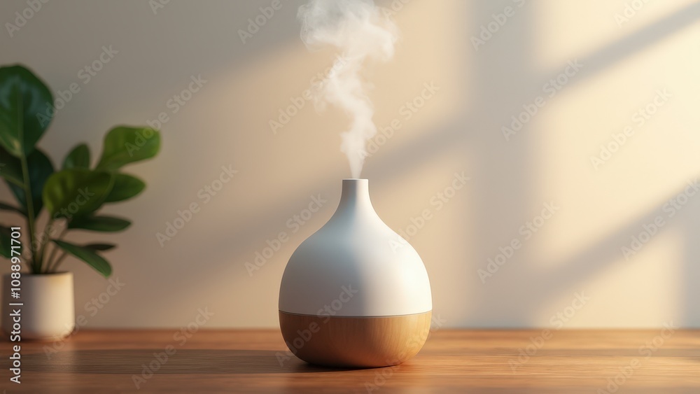 A sleek electric diffuser mockup featuring a matte finish and soft mist, displayed on a wooden surface with subtle reflections.