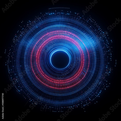 Abstract digital circle with glowing blue and red lights on a dark background, representing technology, innovation, and modern design concepts in a futuristic style