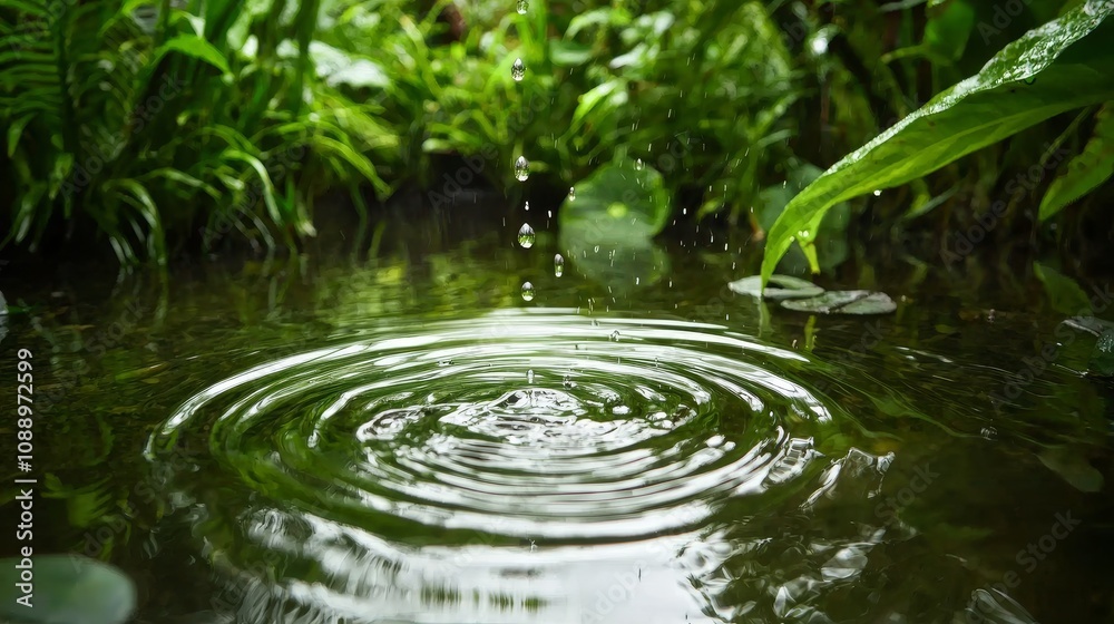 Raindrops creating ripples on a stream in a lush forest environment nature photography close-up view of serenity Raindrops creating ripples on a stream in a lush forest environment nature photography close-up view of serenity