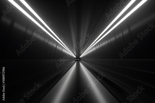 Futuristic Tunnel: A Monochromatic Vision of Modern Architecture.  Sleek lines and dramatic lighting create a captivating sense of depth and mystery in this abstract digital artwork. photo