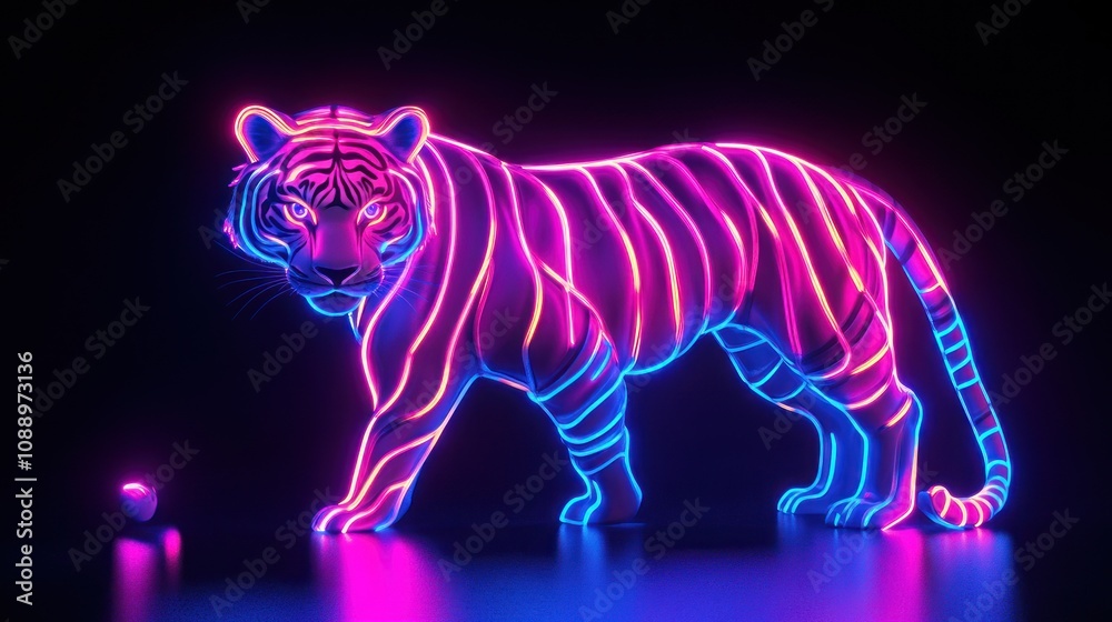 A neon-lit tiger illustration with vibrant colors against a dark background. A neon-lit tiger illustration with vibrant colors against a dark background.