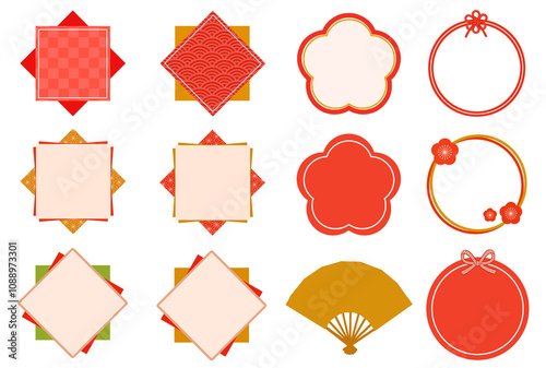和風　フレーム　枠　年賀　正月　和　素材　セット　見出し　タイトル　飾り枠　飾り罫　囲み　あしらい　お歳暮　新春　縁起物　和柄　桜　梅　扇子　水引　波　四角　丸　菱形　正方形　高級感　おしゃれ　和モダン　豪華　華やか　シンプル　スタンプ　ハンコ　広告