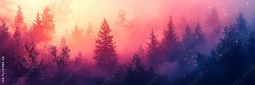 Pine trees emerging from a colorful fog with glowing particles at sunset, creating a magical and fantasy atmosphere Pine trees emerging from a colorful fog with glowing particles at sunset, creating a magical and fantasy atmosphere