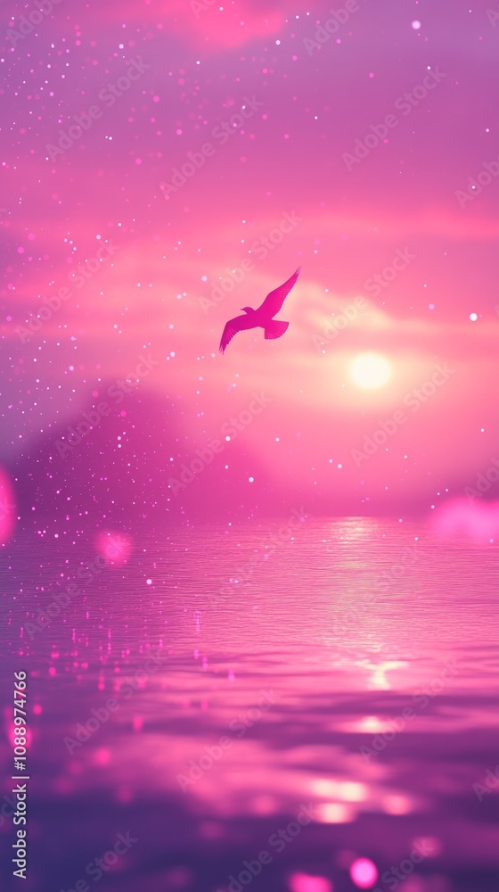 Naklejka premium Majestic bird soaring over tranquil pink ocean during sunset, creating a dreamy and magical atmosphere with added glitter effect