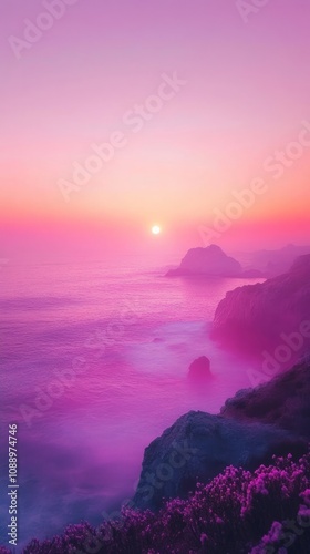 Vibrant pink sunset casts a warm glow over the ocean, cliffs, and foreground flowers, creating a serene and colorful coastal landscape