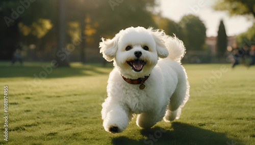 Bichon Frise dog runs in the park photo