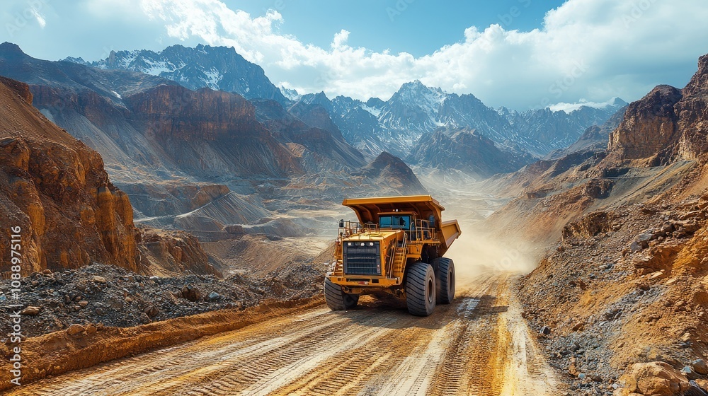 Yellow mining dump truck on mountain road.