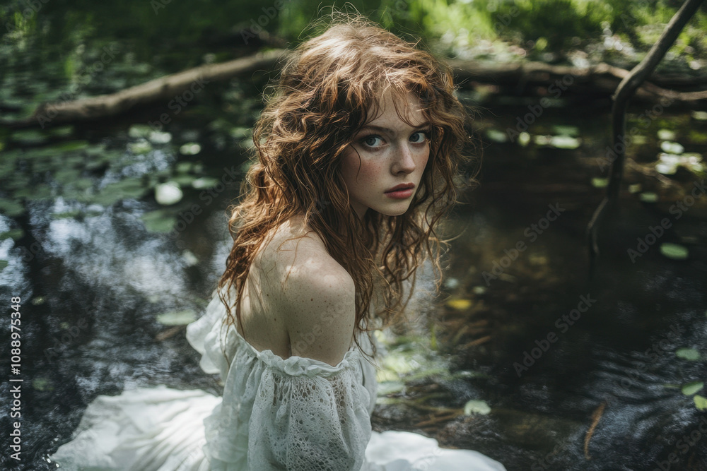 A young woman with curly red hair and fair skin, wearing a white lace dress, sits by a serene forest stream, surrounded by lush greenery and dappled sunlight. A young woman with curly red hair and fair skin, wearing a white lace dress, sits by a serene forest stream, surrounded by lush greenery and dappled sunlight.