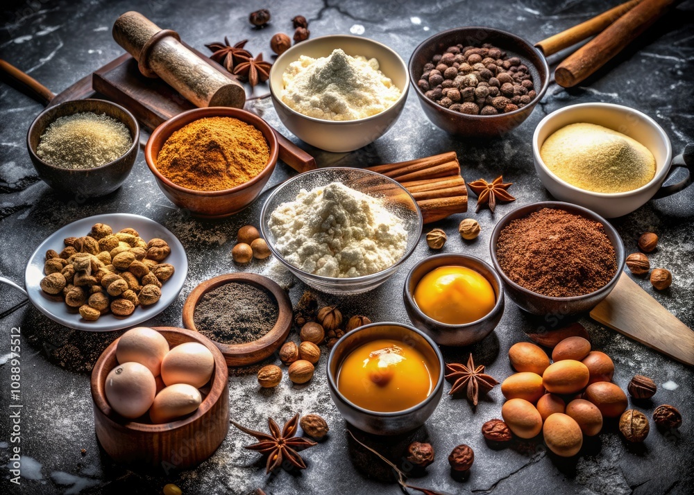Night Photography of Baking Ingredients in Elegant Bowls on Marble Surface - Flour, Sugar, Cocoa, Baking Soda, Eggs, Butter, Spices, Vanilla, Chocolate Chips, Culinary Arts, Food Styling, Home Baking Night Photography of Baking Ingredients in Elegant Bowls on Marble Surface - Flour, Sugar, Cocoa, Baking Soda, Eggs, Butter, Spices, Vanilla, Chocolate Chips, Culinary Arts, Food Styling, Home Baking