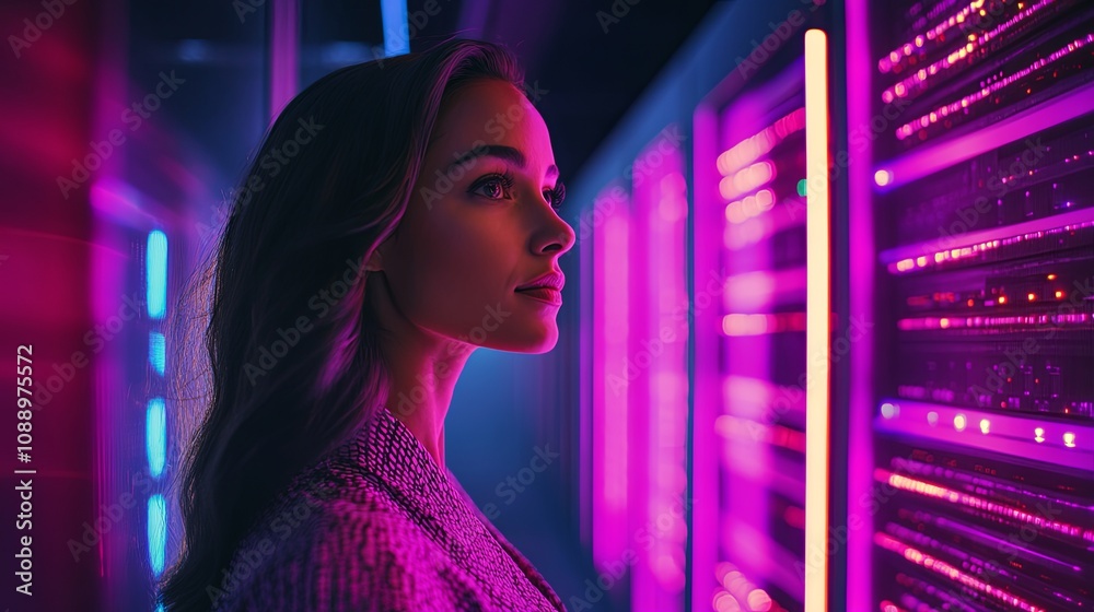 confident woman inspecting server racks with vibrant lights confident woman inspecting server racks with vibrant lights
