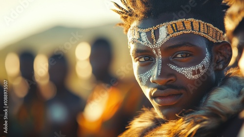 Young men participate in a Xhosa initiation ceremony, adorned in ceremonial attire and face paint