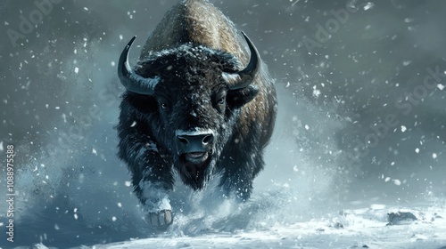 Majestic Bison Charging Through a Snowy Wilderness