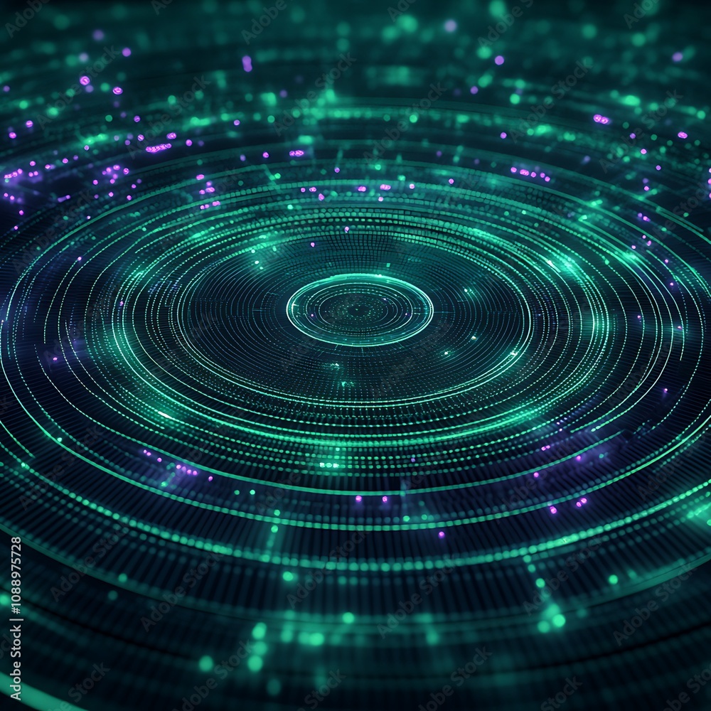 Abstract Futuristic Background with Glowing Circular Patterns and Sparkling Particles in a Deep Green and Purple Color Palette for Modern Design Use Abstract Futuristic Background with Glowing Circular Patterns and Sparkling Particles in a Deep Green and Purple Color Palette for Modern Design Use