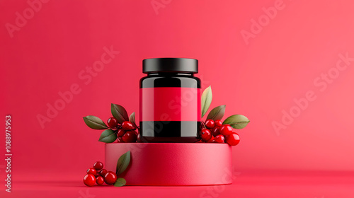 Elegant display of a vibrant supplement bottle on a stylish red podium surrounded by luscious cranberries and green leaves