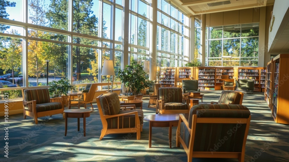 Bright and Inviting Modern Library Interior with Large Windows, Comfortable Seating, and Lush Greenery on a Sunlit Day Bright and Inviting Modern Library Interior with Large Windows, Comfortable Seating, and Lush Greenery on a Sunlit Day
