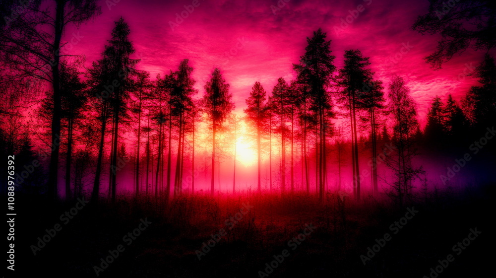 Fog creeping over a forest at dusk, eerie and mysterious, with trees fading into the mist Fog creeping over a forest at dusk, eerie and mysterious, with trees fading into the mist