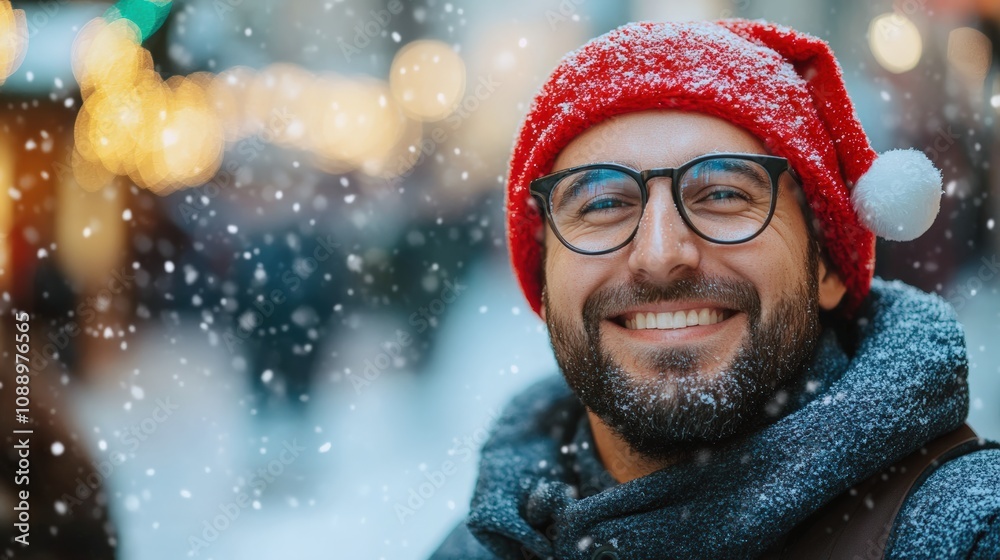 joyful handsome white caucasian man in santa claus hat outside on city. copy space. man in new year christmas hat on winter city bokeh background joyful handsome white caucasian man in santa claus hat outside on city. copy space. man in new year christmas hat on winter city bokeh background