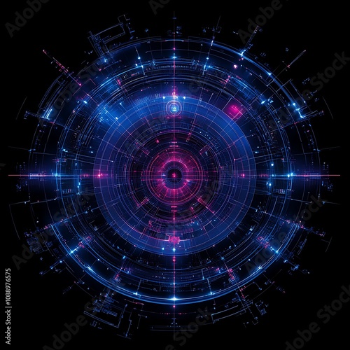 Abstract futuristic circular design featuring vibrant blue and pink lights with a dark background, representing technology, energy, and innovative concepts in digital art.