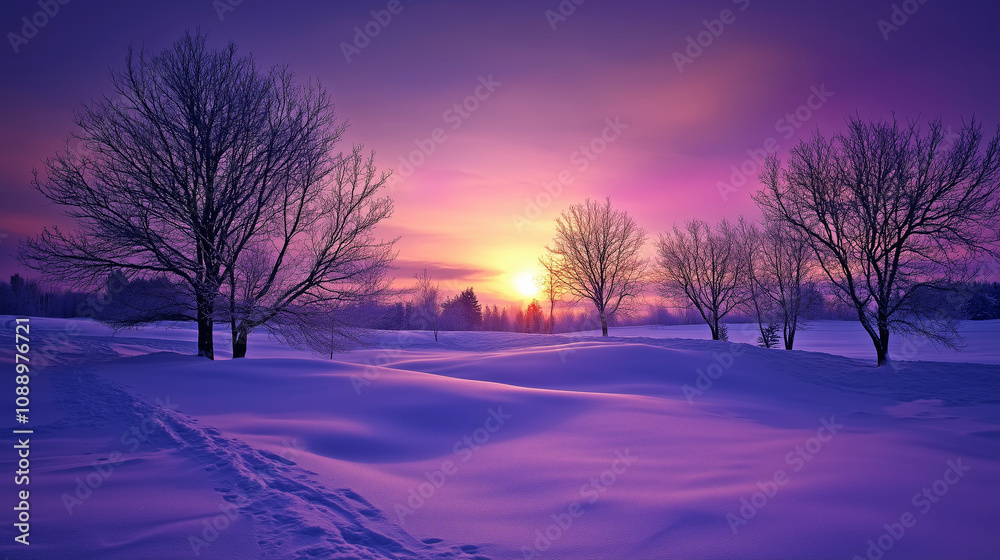 Serene winter sunset casting a golden glow over snow-covered fields and bare trees. Beautiful wallpaper, background Serene winter sunset casting a golden glow over snow-covered fields and bare trees. Beautiful wallpaper, background