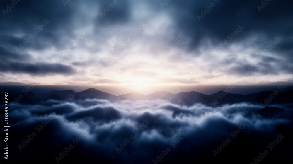Fog rolling over a valley at dawn, mysterious and atmospheric, with light beginning to break through Fog rolling over a valley at dawn, mysterious and atmospheric, with light beginning to break through