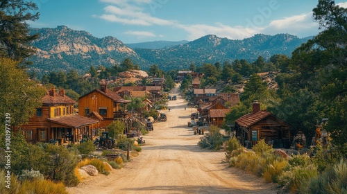 Picturesque western town street scene with mountain backdrop.
