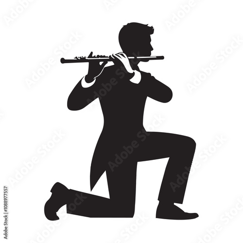 Person playing the flute silhouette vector art black color design and solid white background 