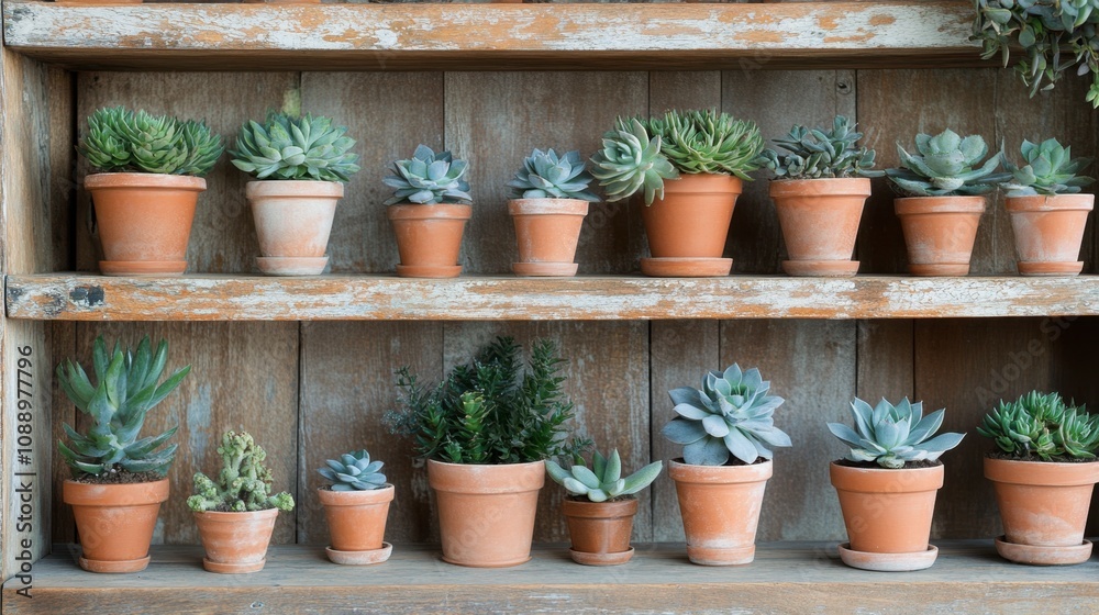A Delightful Collection of Succulent Plants Arranged in Clay Pots on a Rustic Wooden Shelf, Perfect for Home Decor and Nature-Inspired Interiors A Delightful Collection of Succulent Plants Arranged in Clay Pots on a Rustic Wooden Shelf, Perfect for Home Decor and Nature-Inspired Interiors