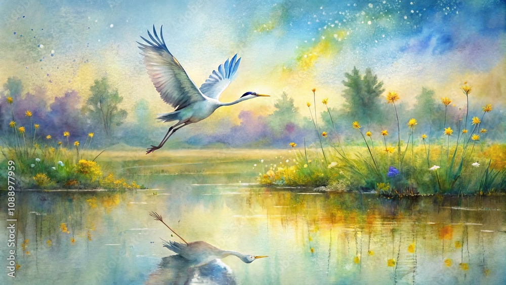 Obraz premium Majestic Crane in Flight Over Tranquil Water with Reflections of Colorful Sky and Vibrant Flowers in a Serene Natural Landscape