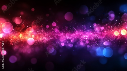 Abstract background with colorful bokeh lights forming a bright and vibrant wave on a dark background