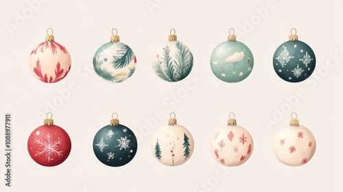 The set contains a flat 2D illustration of a beautiful decorated christmas bauble isolated on white background. Set of beautiful Christmas decorations, ideal for making Christmas cards, greeting