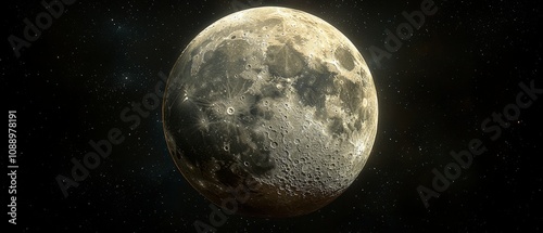 A full moon with a golden-yellow tint against a starlit black sky, capturing intricate lunar surface features including craters, maria, and ray systems. The photorealistic artwork. Generative AI