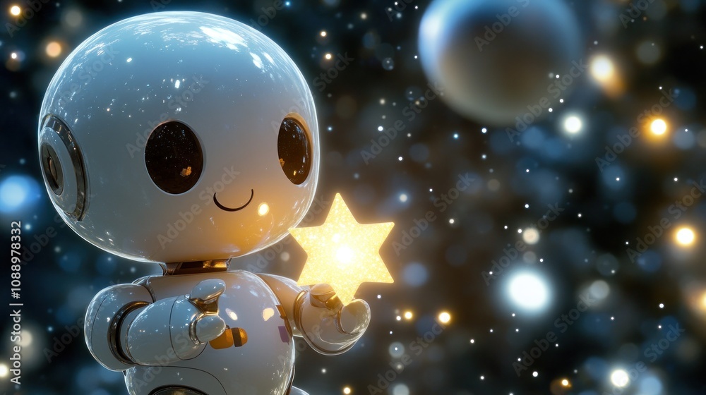 A cheerful robot holding a glowing star in a starry environment. A cheerful robot holding a glowing star in a starry environment.