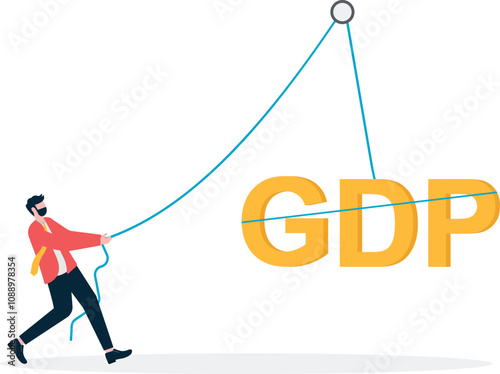 Gross domestic product or GDP. Recession, Business, Consumption, Investment. Arrow sign pointing downwards.

