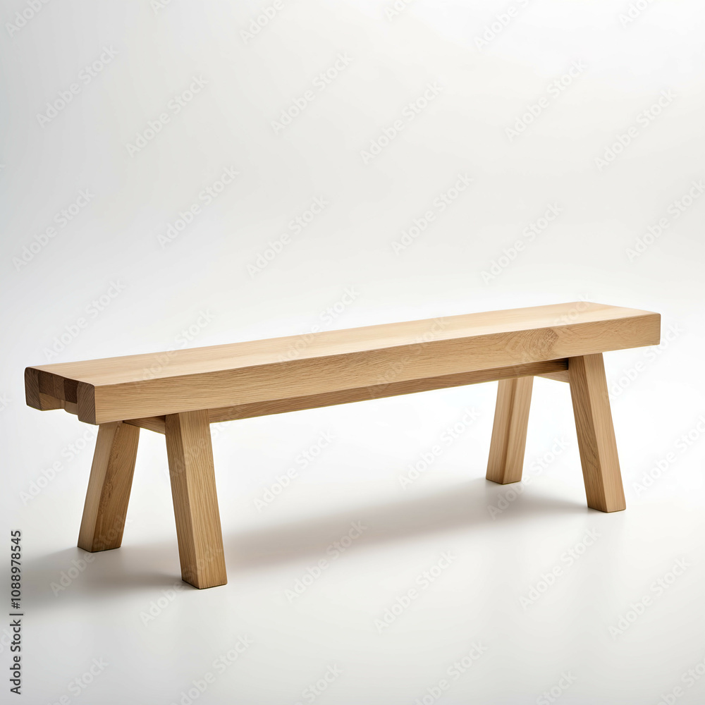 Fototapeta premium A natural oak bench with simple, straight lines, highlighted against a plain white backdrop.