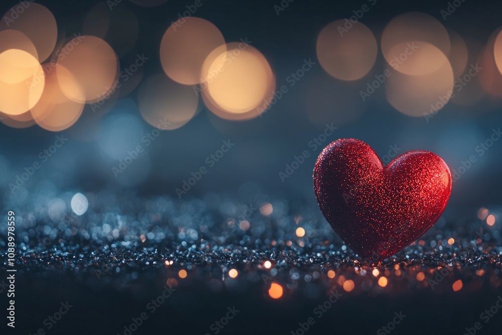 One red heart on a glittering background with bokeh lights, a romantic Valentine's Day background, a love concept. One red heart on a glittering background with bokeh lights, a romantic Valentine's Day background, a love concept.