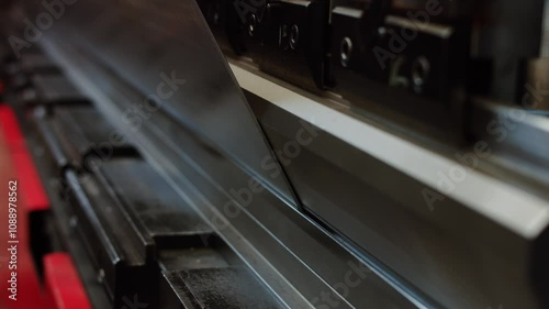 Metall cutting for fence production. Industrial knife. Automatic factory line.