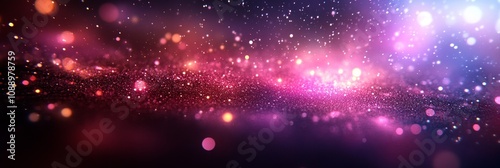 Abstract glitter background with shining purple and pink lights creating a magical and festive bokeh effect