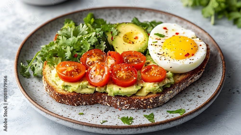 Healthy breakfast toast with avocado and egg kitchen food cozy top-down nutrition Healthy breakfast toast with avocado and egg kitchen food cozy top-down nutrition