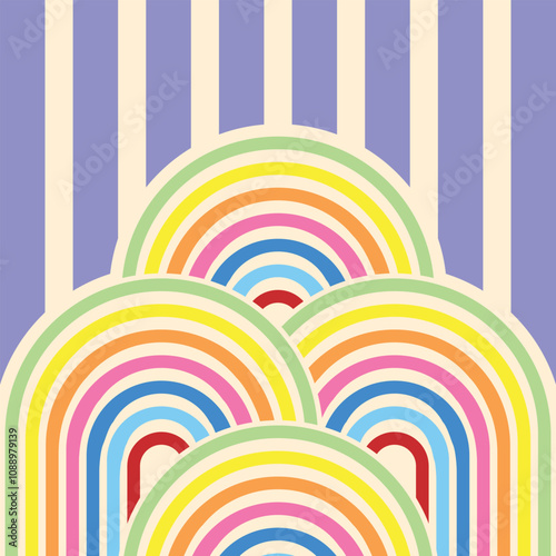 A vibrant retro-inspired pattern featuring overlapping rainbow arches in pastel shades, set against a vertical striped background with soft purple and cream tones. Perfect for vintage-themed designs, 