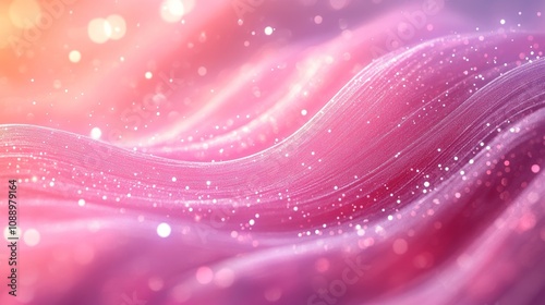 Abstract pink and orange waves flowing with sparkling glitter particles creating a dreamy and magical background