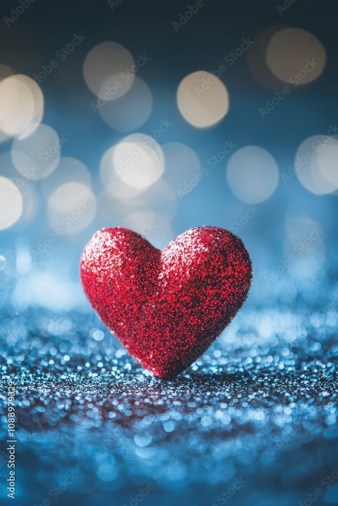 One red heart on a glittering background with bokeh lights, a romantic Valentine's Day background, a love concept. One red heart on a glittering background with bokeh lights, a romantic Valentine's Day background, a love concept.