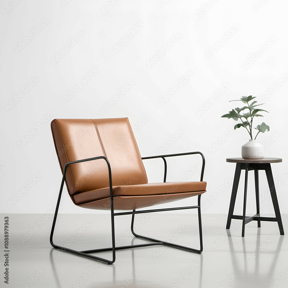 A caramel leather chair with thin black metal legs, set against a clean white background. A caramel leather chair with thin black metal legs, set against a clean white background.