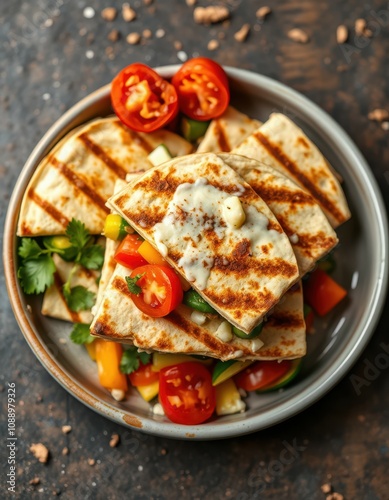 Grilled quesadillas with fresh tomato and zucchini salsa served on a grey plate photo