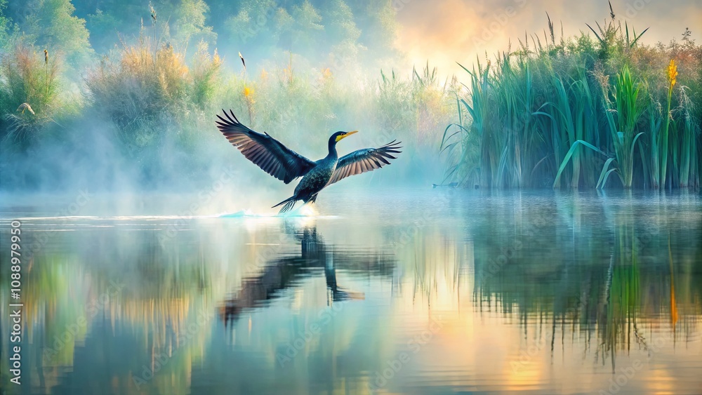 Majestic Cormorant Spreading Wings Over Misty Lake at Sunrise Surrounded by Lush Greenery and Reflections Creating a Serene Natural Atmosphere