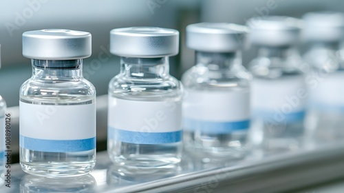 Close-Up of Medical Bottles on Production Line - Sterile Environment with High Contrast Lighting Sharp Focus on Labels Metal and Glass Reflections in Factory Setting